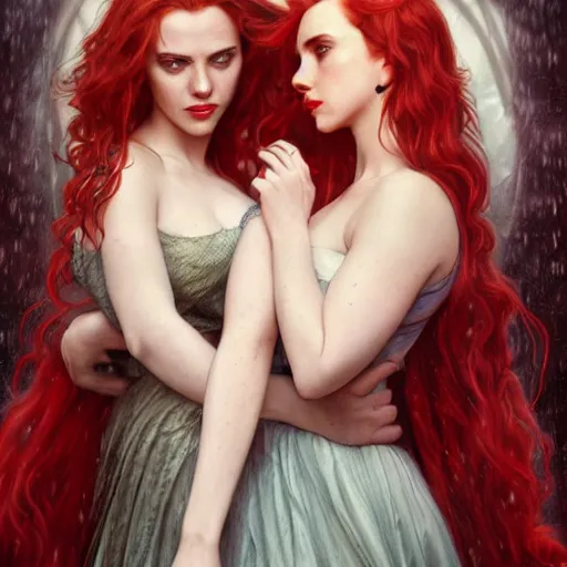 Prompt: a highly detailed portrait of scarlett johansson and emma watson and christina hendricks as polyamorous red haired vampire queens kissing in the rain and wearing a blood red dress, epic fantasy, viewed in profile from far away, ultrawide lens, art by artgerm and greg rutkowski and alphonse mucha, volumetric lighting, 4 k resolution, trending on artstation, masterpiece