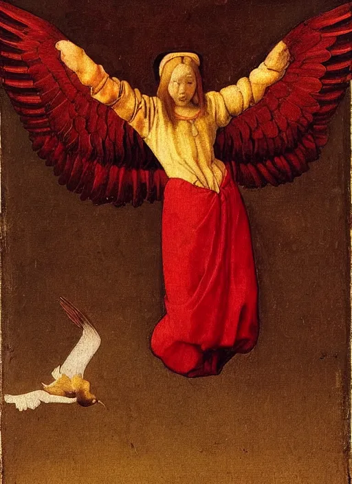 Image similar to Flying Fallen Angel with wings dressed in red, Medieval painting by Jan van Eyck, Johannes Vermeer, Florence