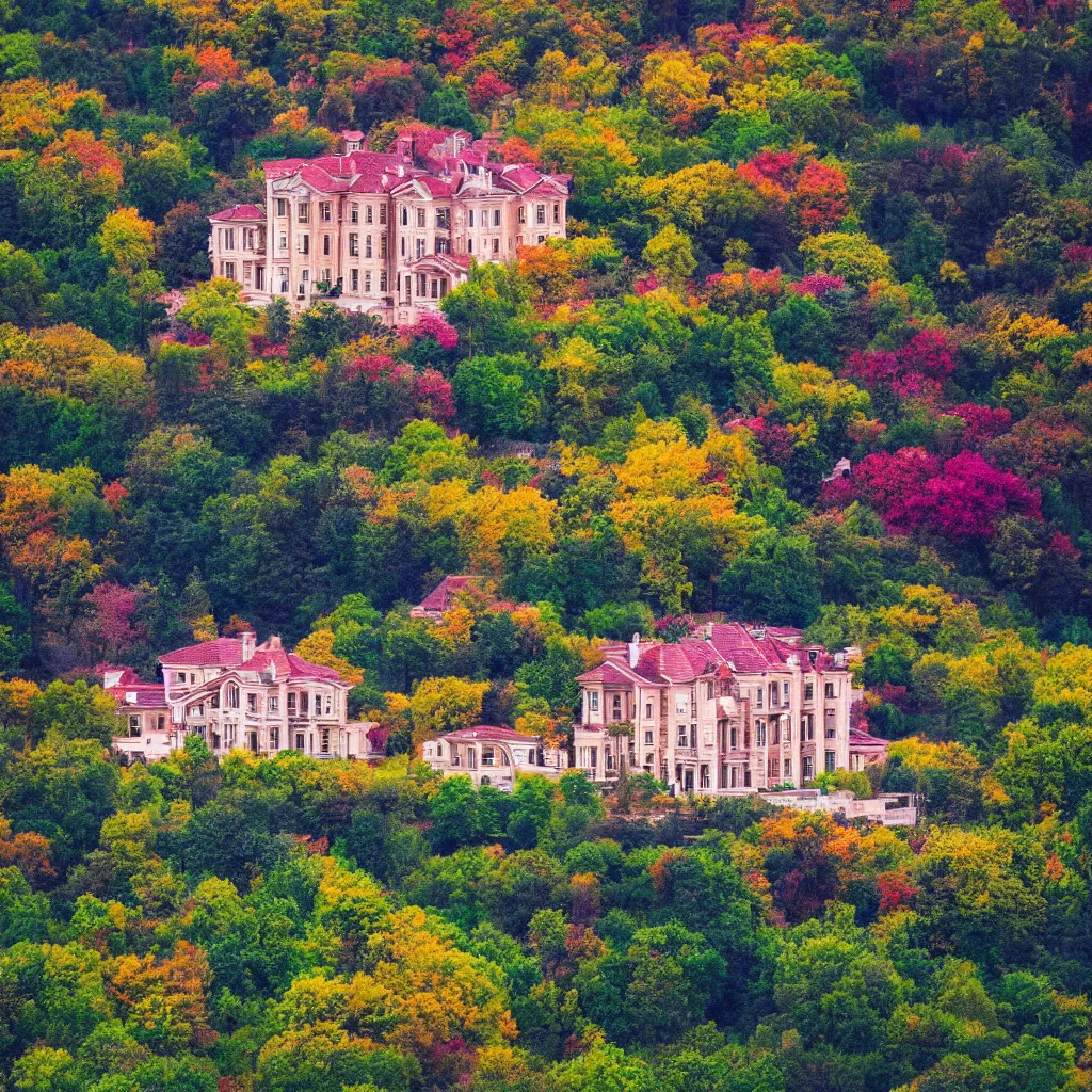 Prompt: big old mansion on a hill, in the evening, colorful