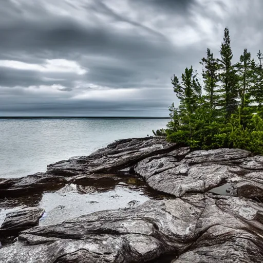 Prompt: rocky shore of the Bruce Peninsula on an overcast day, rain droplets falling in the water, 8k photo