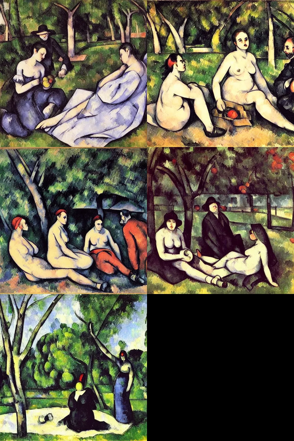 Prompt: an hd painting by paul cezanne. three goths loitering in the shade, talking beneath a cherry tree outside a blockbuster video store.