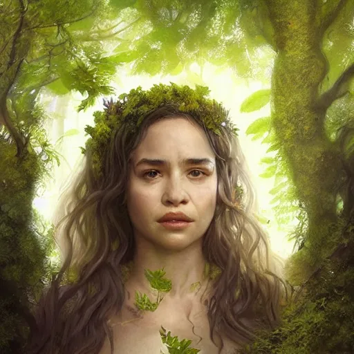 Image similar to emilia clark as a dryad, her skin are yellow leaves portrait, highly detailed, headshot, digital painting, trending on artstation, concept art, sharp focus, illustration, art by artgerm and greg rutkowski and magali villeneuve