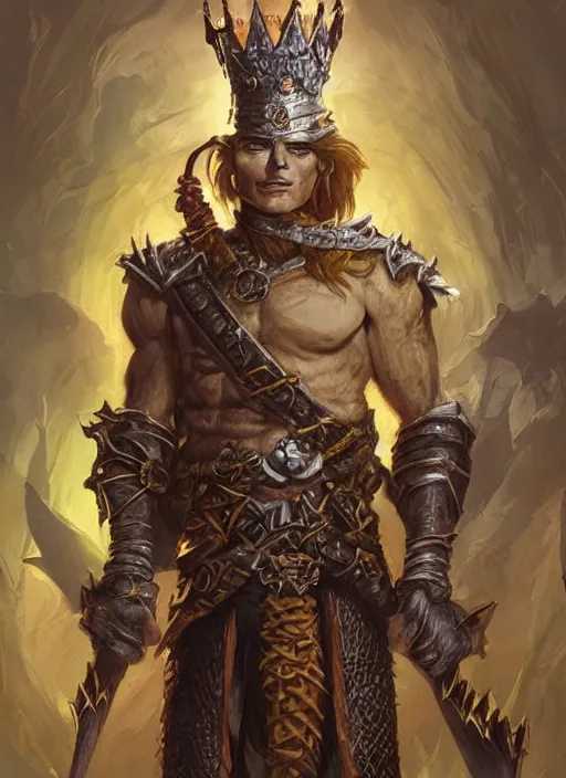 Image similar to goblin king wearing crown, ultra detailed fantasy, dndbeyond, bright, colourful, realistic, dnd character portrait, full body, pathfinder, pinterest, art by ralph horsley, dnd, rpg, lotr game design fanart by concept art, behance hd, artstation, deviantart, hdr render in unreal engine 5