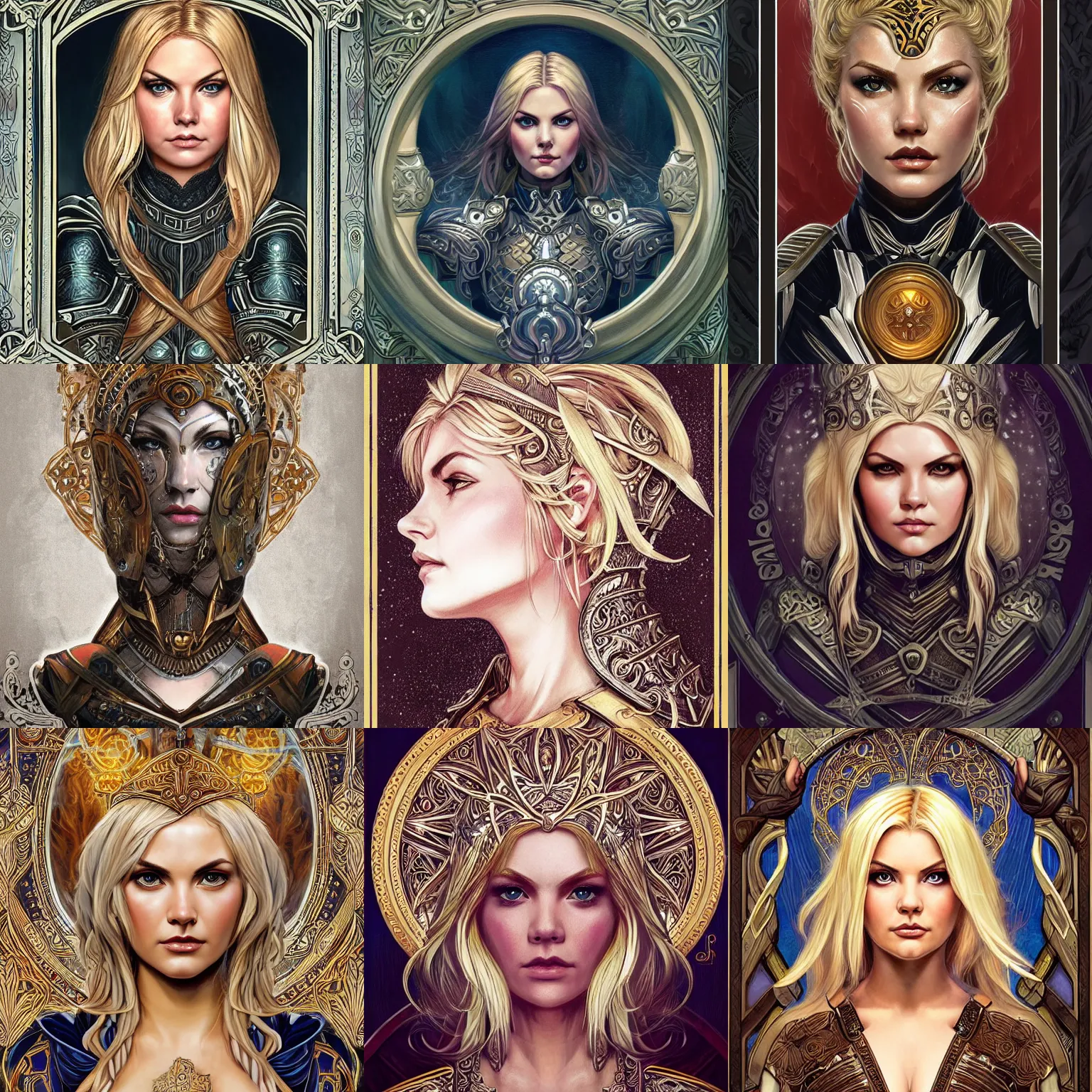 Prompt: head-on symmetrical centered painted portrait, Elisha Cuthbert as a paladin, blonde hair, ornate iron armour, art nouveau, tarot card style, fantasy, intricate, elegant, highly detailed, smooth, sharp focus, illustration, artstation, in the style of Artgerm and Anna Podedworna and Alex Ross and Mucha
