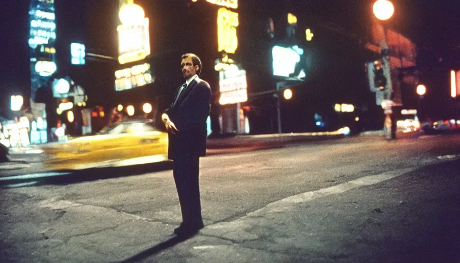 Image similar to 70s movie still portrait of Nicolas Sarkozy , cinestill 800t 18mm heavy grain, cinematic, dramatic dark lighning, brooklyn at night neon boards