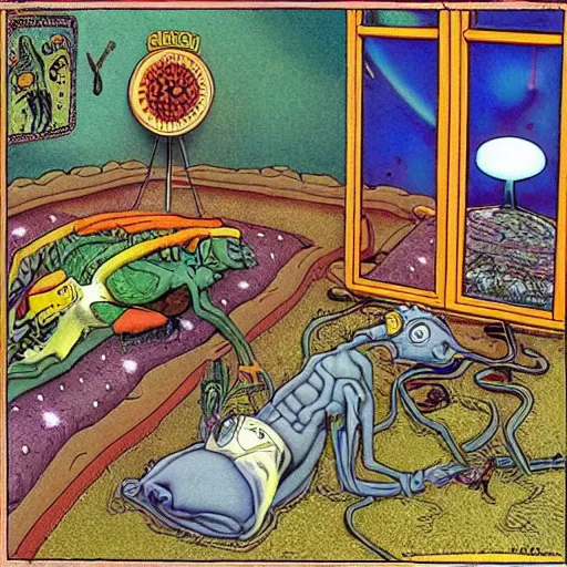 Prompt: dmt hallucination, machine elves, gary larson, far side