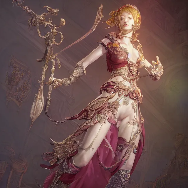 Image similar to studio portrait of neutral good colorful female cleric bard healer as absurdly beautiful, elegant, young skinny gravure idol, ultrafine hyperrealistic illustration by kim jung gi, irakli nadar, intricate linework, sharp focus, bright colors, octopath traveler, final fantasy, unreal engine highly rendered, global illumination, radiant light, detailed intricate environment