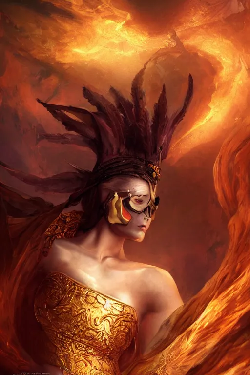 Prompt: fantasy character concept portrait, digital painting, wallpaper of a nymph with skin of obsidian, with veins of magma and gold, renaissance nimbus overhead, by aleksi briclot, by laura zalenga, by alexander holllow fedosav, 8 k dop dof hdr, vibrant