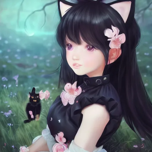 Image similar to realistic beautiful gorgeous natural cute fantasy girl black hair cute black cat ears in maid dress outfit beautiful eyes art drawn full HD 4K highest quality in artstyle by professional artists WLOP, Taejune Kim, Guweiz, ArtGerm on Artstation