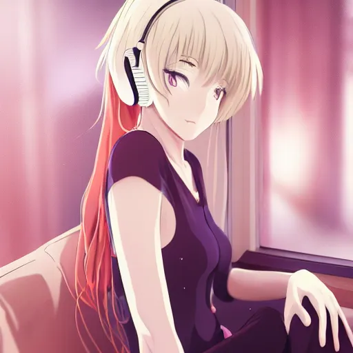 Prompt: anime portrait of beautiful girl sits on the sofa and listens to music, the sun shines through the window, white hair, watery red eyes, clear face, beautiful body, dream light, focus on the face, highly detailed, 8 k, artstation, master pieces, in style of kyoto animation