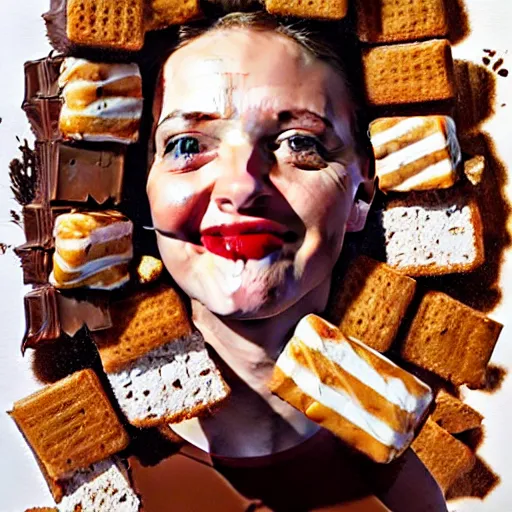 Image similar to drew barrymore face inside! a smore, chocolate, marshmallow graham cracker, digital painting by arcimboldo, rhads