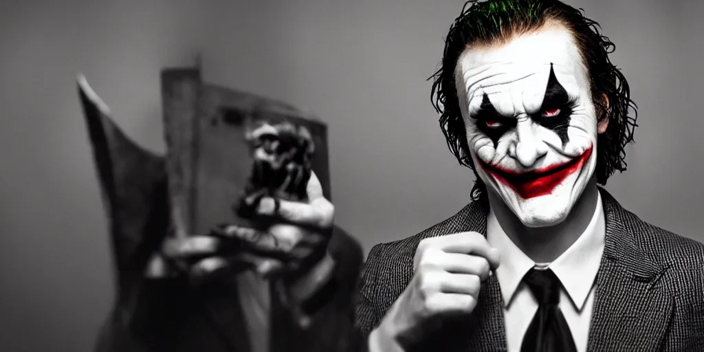 Image similar to joker wearing a suit style, photograph, grinning, creepy,