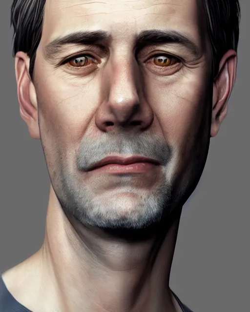 Image similar to portrait of 4 0 - year - old man, with a pale face with premature lines, and light brown hair going grey, wearing in shirt, hyper realistic face, beautiful eyes, character art, art by mark brooks, hyperdetailed, cryengine, trending on artstation, digital art