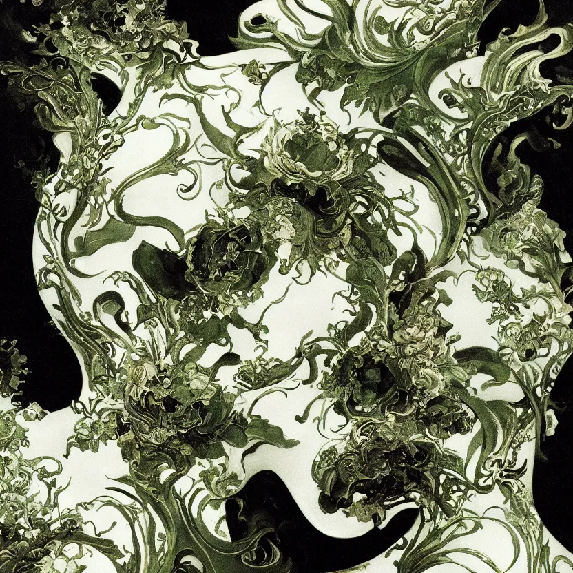 Image similar to a dark baroque close - up portrait of an ornate green and white floral porcelain being made out of white sci - fi vitrified translucent ceramic marble ; china. reflective detailed textures. gloomy black background. highly detailed fantasy science fiction painting by moebius, norman rockwell, frank frazetta, and syd mead. rich colors, high contrast. artstation