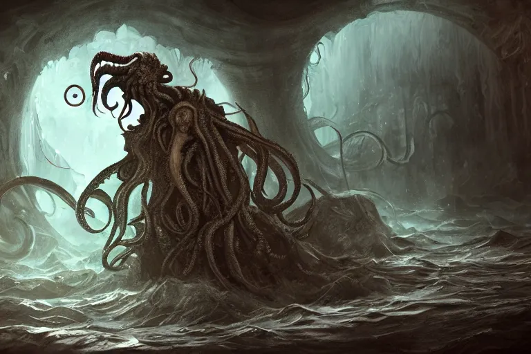 Image similar to cthulhu wandering the davy jones locker, digital painting, mixed media, trending on artstation and deviantart, epic composition, highly detailed, 8 k