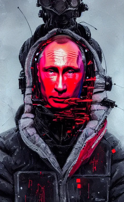 Image similar to detailed portrait vladimir putin, cyberpunk futuristic neon, reflective puffy coat with blood splats by ismail inceoglu dragan bibin hans thoma greg rutkowski alexandros pyromallis nekro rene maritte illustrated, perfect face, fine details, realistic shaded, fine - face, direct glaze