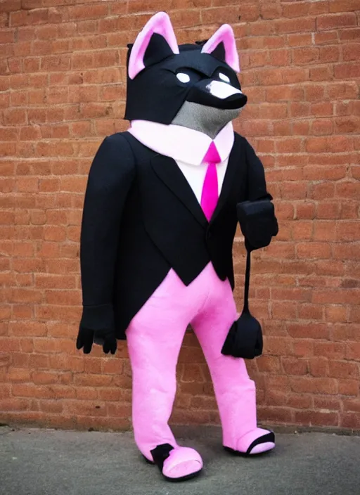 Prompt: An anthropomorphic pink wolf wearing a black suit