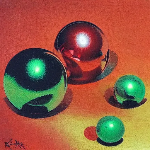 Prompt: chrome spheres on a red cube by robert s duncanson