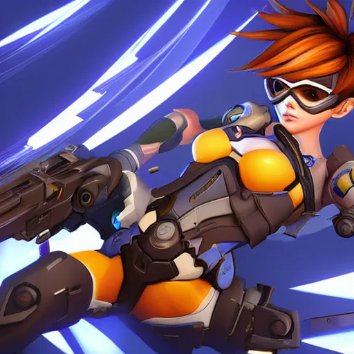 Prompt: beautiful digital artwork of tracer from the game overwatch