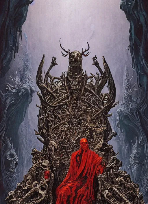 Prompt: a demon king on his throne of human bones in a faustian cave hellscape, fire, highly detailed, intricate, art nouveau, brutalist architecture, cinematic, wide angle, hellcore, epic lighting, red, blue, 4 k by brom, wayne barlowe