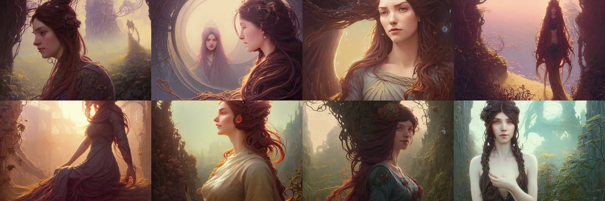 Image similar to highly detailed portrait of a woman with long hairs, stephen bliss, unreal engine, fantasy art by greg rutkowski, art nouveau, loish, rhads, ferdinand knab, makoto shinkai and lois van baarle, ilya kuvshinov, rossdraws, tom bagshaw, alphonse mucha, global illumination, radiant light, detailed and intricate environment