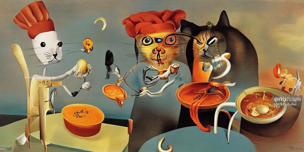 Image similar to anthropomorphic cat chef cooking a delicious colorful soup, by Salvador Dali