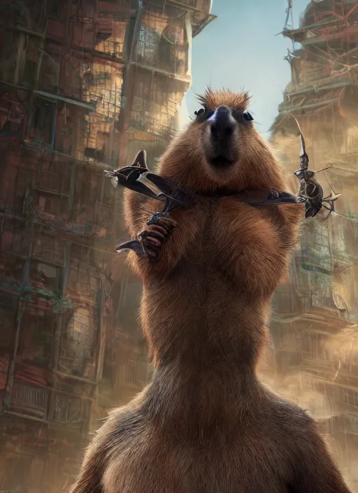 Prompt: detailed full body concept art illustration matte painting of a cute anthropomorphic capybara avenger in full intricate clothing, ultra detailed, digital art, octane render, 8K, dystopian, biomutant, micro details