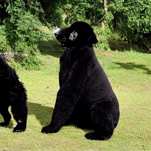 Image similar to a photo of a black poodle dog next to a panda,