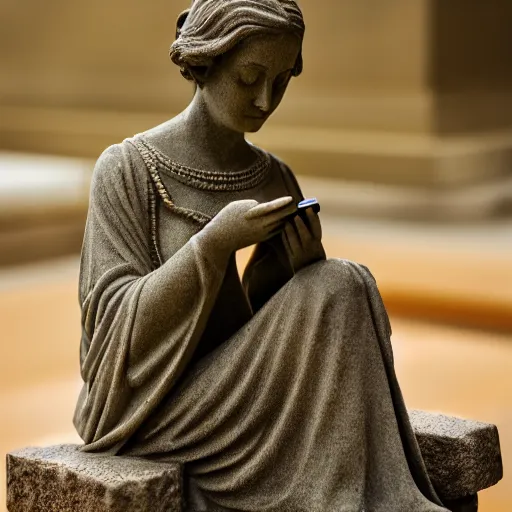 Image similar to a stone statue of a lady on her phone sitting on a bed, 5 0 mm lens, f 1. 4, sharp focus, ethereal, emotionally evoking, head in focus, volumetric lighting, 8 k