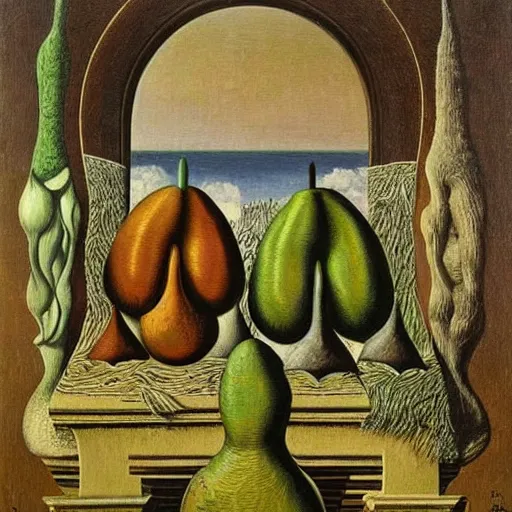 Prompt: 🐶🍐🌜🧨, intricate details, oil on canvas, highly detailed, surreal, by max ernst, rene magritte