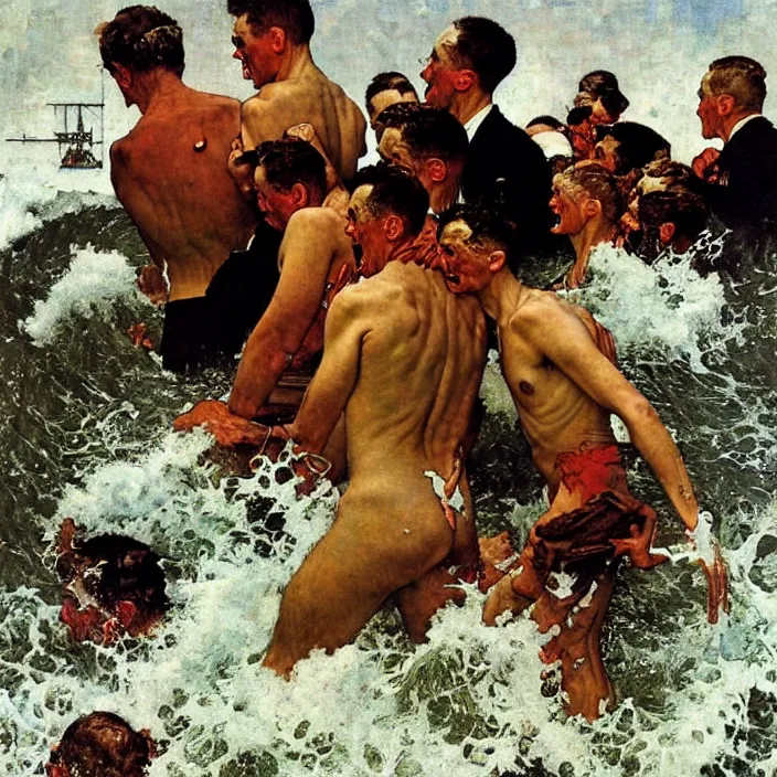 Image similar to the pandemonium of the sea becomes the man, oil on canvas, by norman rockwell