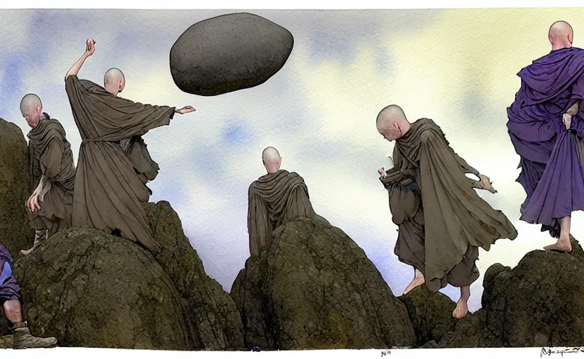 Image similar to a hyperrealist watercolour concept art of a group of grey monks levitating a huge rock in the air over their head. it is a misty night on the moors of ireland. by rebecca guay, michael kaluta, charles vess and jean moebius giraud. high detail, hq, wide shot