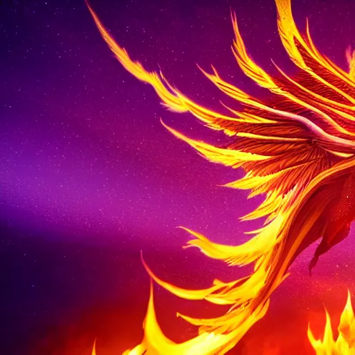 Prompt: a burning Phoenix with trail of blue fire by it's tail, purple fire aura, Aurora sky, nighttime, octane render, detailed picture, illustration, Ray tracing reflection,