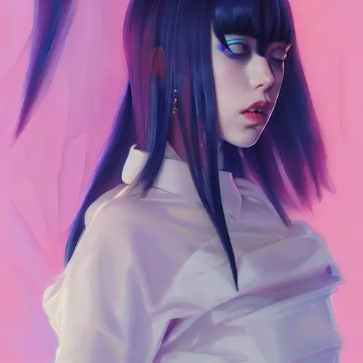 Image similar to a beautiful young japanese billie eilish kat dennings runway model in elaborate latexoutfit, by guweiz and wlop and ilya kuvshinov and artgerm and makoto shinkai and studio ghibli, symmetrical eyes, aesthetic, gorgeous, stunning, alluring, attractive, artstation, deviantart, pinterest, digital art