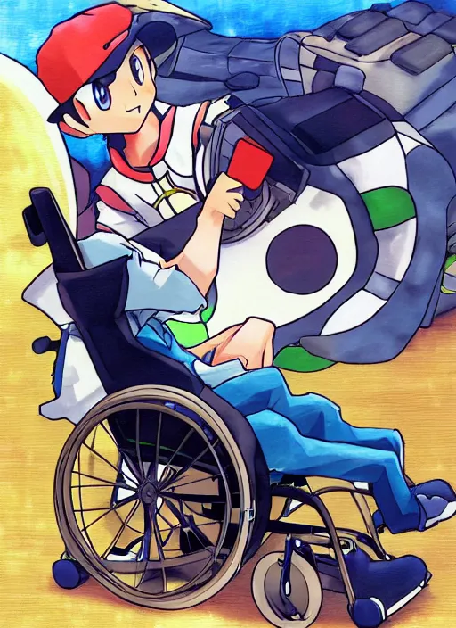 Prompt: a pokemon trainer traveling in a wheelchair, anime, art by ken sugimori