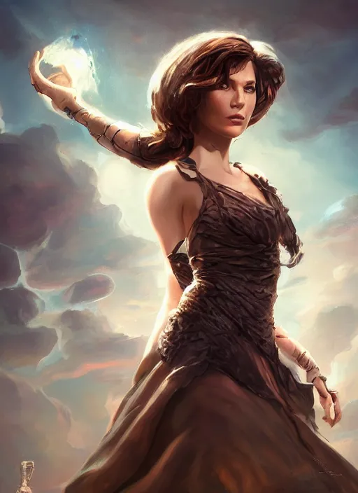 Image similar to An epic fantastic realism comic book style portrait painting of a beautiful psychic sorcerous, short brown hair, floating in the air, D&D Concept Art, unreal 5, DAZ, hyperrealistic, octane render, cosplay, RPG portrait, dynamic lighting