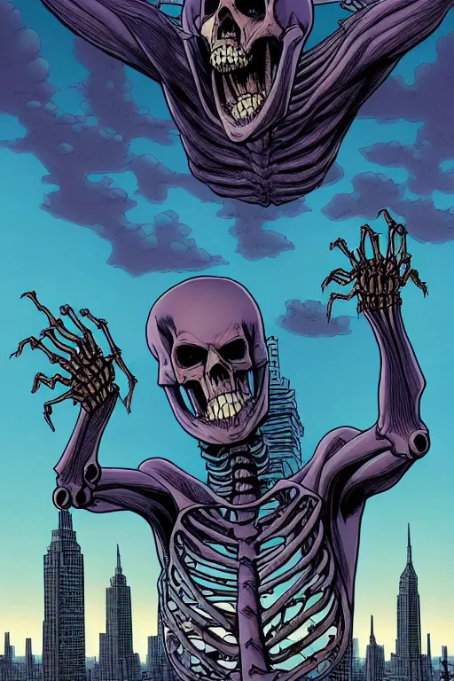 Prompt: comic cover art of a ( very very disturbing ) ( very very huge ) ( skeleton monster ) swimming in the sky above a metropolitan city, viewed from the ground, by jenny frison and sana takeda, intricate details, stunning inking lines, flat colors, 4 k, hd, artstation