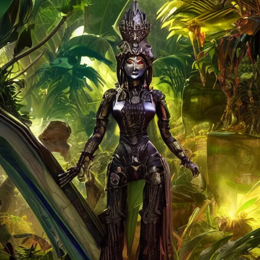 Image similar to mystical evil android queen with obsidian eyes, wearing an elaborate helmet, in a jungle, octane render, 8 k, unreal engine, by todd mcfarlane and artgerm and greg rutkowski and alphonse mucha