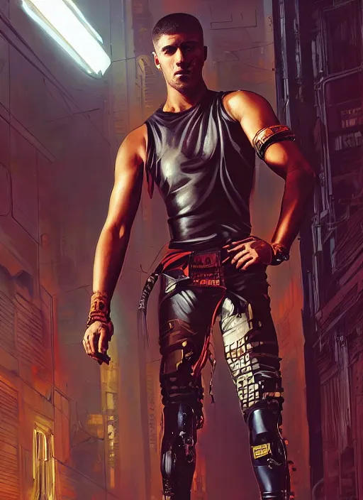 Image similar to cyberpunk olympic kickboxer with robotic arms wearing a jumpsuit ( blade runner 2 0 4 9, cyberpunk 2 0 7 7 character design ). orientalist portrait by john william waterhouse and james gurney and theodore ralli and nasreddine dinet, oil on canvas. cinematic, hyper realism, realistic proportions, dramatic lighting, high detail 4 k