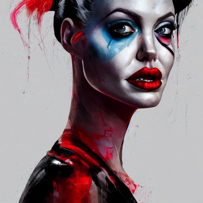 Image similar to portrait of Angelina Jolie as a harley quinn. intricate abstract. intricate artwork. by Tooth Wu, wlop, beeple, dan mumford. octane render, trending on artstation, greg rutkowski very coherent symmetrical artwork. cinematic, hyper realism, high detail, octane render, 8k, iridescent accents