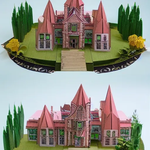 Image similar to a beautiful detailed mansion in the style of papercraft, origami,