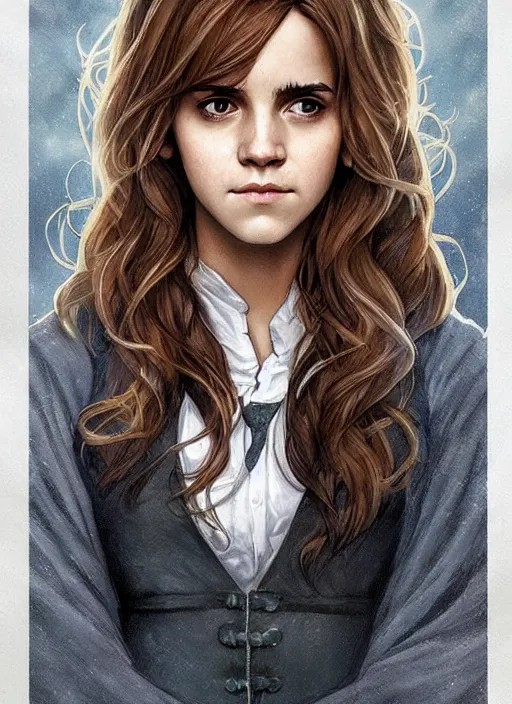 Image similar to hermione! granger! at hogwarts!! by emma watson. beautiful detailed face. by artgerm and greg rutkowski and alphonse mucha
