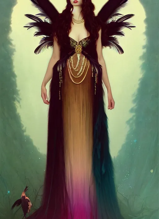 Image similar to ombre velvet gown, black, feathers, lovely bohemian princess, portrait, long hair, tiara, dozens of jeweled necklaces, feral languid woman, by greg rutkowski, brom, anato finnstark, alphonse mucha