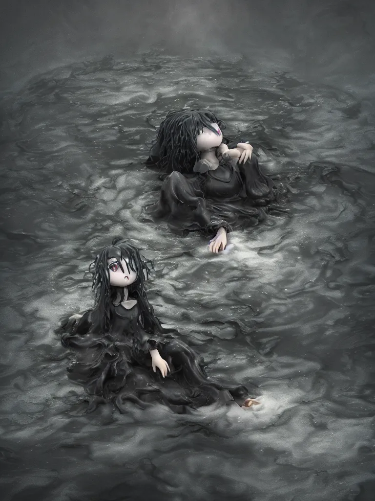 Image similar to cute fumo plush of a cursed frail witch girl sinking deep into an inky black reflective pond of blackness swirling with strange energetic fluid, melting volumetric smoke and fog, environment map pbr reflective water, goth, vignette, vray
