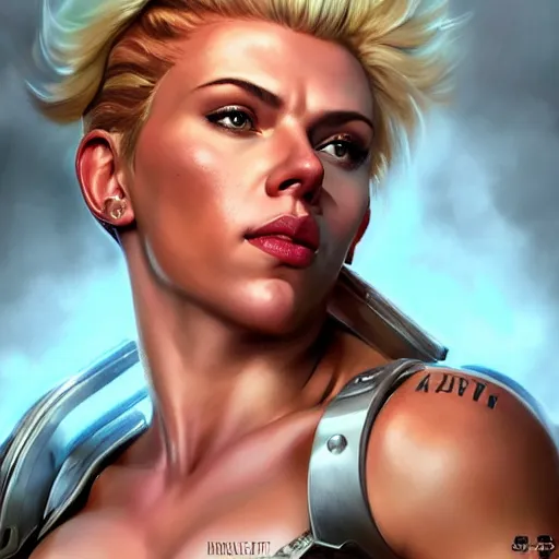 Image similar to detailed portrait of scarlett johansson as a female bodybuilder zarya from overwatch, attractive, beautiful, fantasy, intricate, elegant, highly detailed, digital painting, artstation, concept art, matte, sharp focus, illustration, art by aenaluck, artgerm and roberto ferri and greg rutkowski, epic fantasy, digital painting