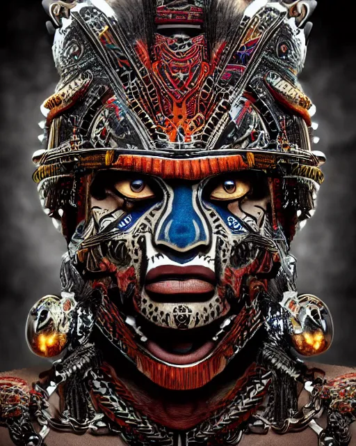 Image similar to editorial photo portrait of aztec jaguar warrior with glowing tribal futuristic tattoos on face, warrior body, photo by mario testino, cinematic, hyper detailed, micro details, insanely detailed, trending on artstation, concept art, insanely detailed and intricate