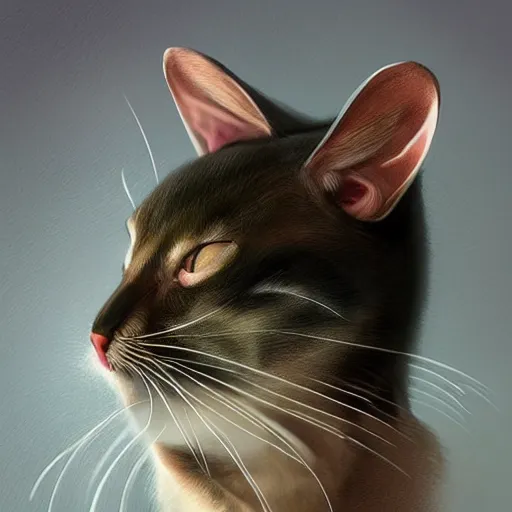 Image similar to hybrid of mouse and cat, half cat - half mouse, digital art, photo realistic, highly detailed, art by george stubbs, anton fadeev, james gurney