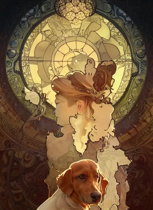 Prompt: beautiful illustration of a dog as a god with alphonse mucha and craig mullins, gorgeous, amazing, flowing hair, muscular, very muscular male body, in the style abigail larsonand and sam guay, rim light, beautiful lighting, 8 k, stunning scene, octane, trending on artstation