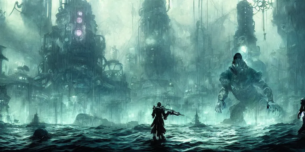 Image similar to concept art of a underwater city, bioshock style, rapture, dark atmosphere, hanafuda oil on canvas by ivan shishkin, james jean and yoji shinkawa