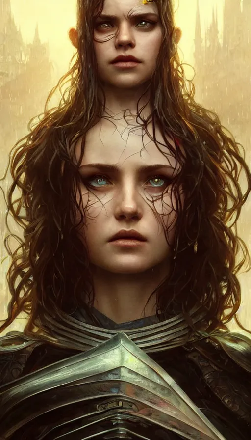 Image similar to furious gorgeous woman, lord of the rings, cyberpunk, rain, tears, insane, intricate, highly detailed, digital painting, artstation, concept art, smooth, sharp focus, illustration, Unreal Engine 5, 8K, art by artgerm and greg rutkowski and alphonse mucha